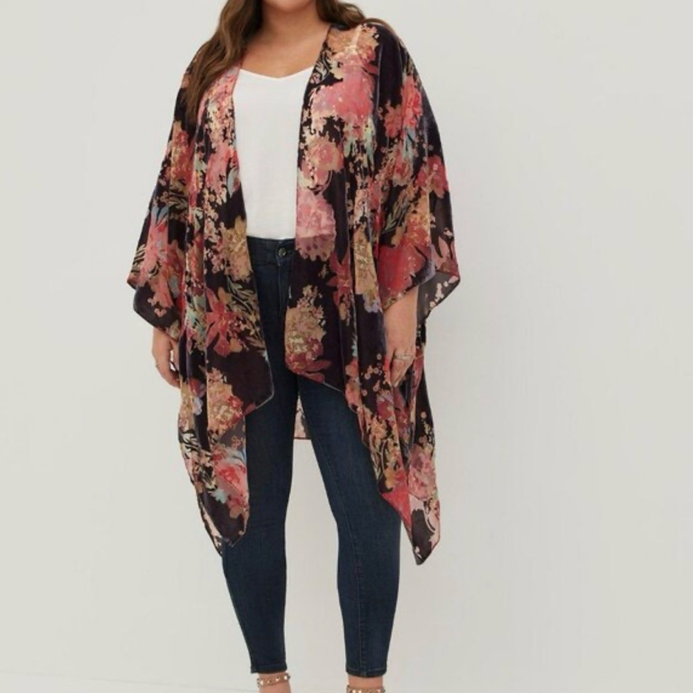 Boho Dark Floral Velvet Burnout Kimono Duster Romantic Festival Torrid OS A26